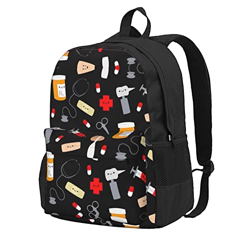 NOLACE Cartoon Medizin Muster Rucksack für Herren und Damen, klassischer wasserabweisender leichter Reiserucksack, lässiger Tagesrucksack, Schwarz, Einheitsgröße von NOLACE