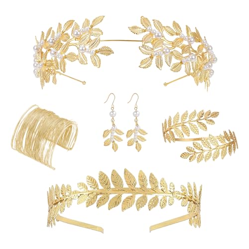 NOLACE Griechische Göttin Modeschmuck Set für Frauen, Römische Lorbeerblätter Krone Tiara Haarkamm Manschette Oberarm Armbänder Swirl Ohrringe Gold Hochzeit Braut Toga Party (5) von NOLACE