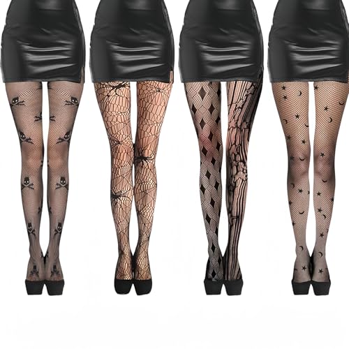 Strumpfhose Halloween 4 Paar Netzstrumpfhose Schwarz,Strumpfhosen Damen Muster Halloween,Fishnet Stockings,Halloween Netzstrümpfe Schädel Spinnennetz Hohe Taille Mesh Strumpfhosen Netzstrumpfhose für von NOLACE