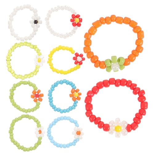 NOLITOY 10 Stück Teiliges Bunte Handgefertigte Perlenringe mit Blumenmotiv Leichte Langlebige Damen Finger ringe Modische Stapelringe für Alltag Party und Bühnenauftritte von NOLITOY