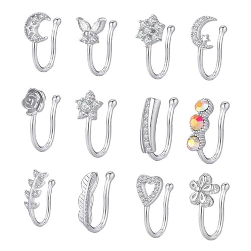 NOLITOY 12 Stück Teiliges Silberfarbene Fake Nasenringe mit Zirkonia Hautfreundliche nicht Durchbohrte Nasenclip Schmuckstücke für Damen und Mädchen Modische Nasenverschönerung ohne von NOLITOY