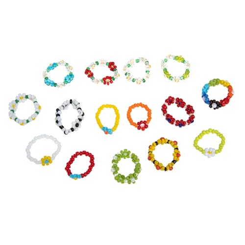 NOLITOY 15 Stück Teiliges Blüten Perlenringe Damen Elastische Modeschmuck Ringe mit Buntem Blumenmotiv für Partys Hochzeit Alltag Geeignet von NOLITOY