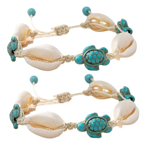 NOLITOY 2 Stück Boho Armband Damen Verstellbare Fußkette mit Natürlichen Muscheln und Schildkröten Anhänger Handgefertigt Meereswellen Design Strand Schmuck für Sommerurlaub von NOLITOY