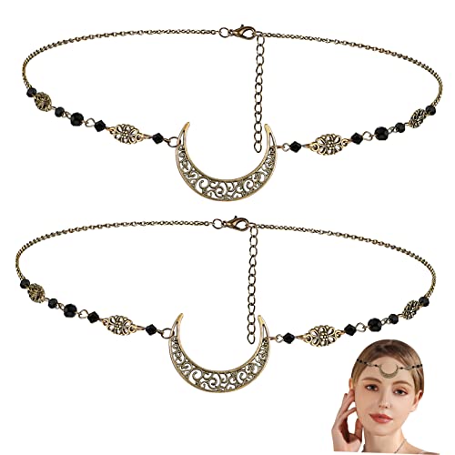 NOLITOY 2 Stück Boho Stirnband Teilig mit Hohlem Mondanhänger und Kristallbesatz Gothic Haarkette für Damen und Mädchen Eleganter Kopfschmuck für Partys und Hochzeiten von NOLITOY