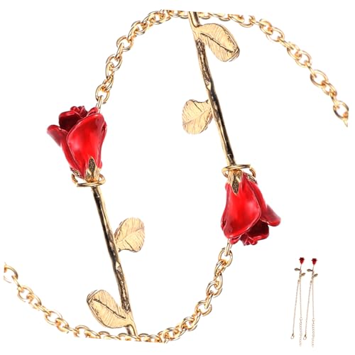 NOLITOY 2 Stück Elegantes Damen Armbänder mit Roter Rosenblüte Verstellbar Modischer Modeschmuck für Frauen Stilvoller Armschmuck als zu Besonderen Anlässen von NOLITOY