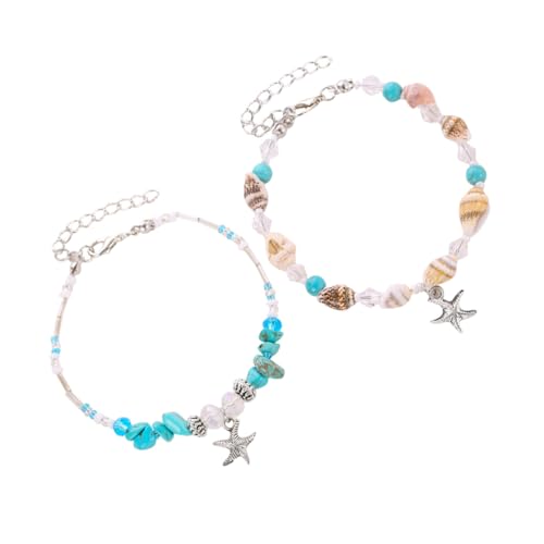 NOLITOY 2 Stück Muschel Fußkettchen Damen Boho Strand Schmuck Perlen Armbänder Türkisfarbene Sandkette Beach Anklet für Frauen von NOLITOY