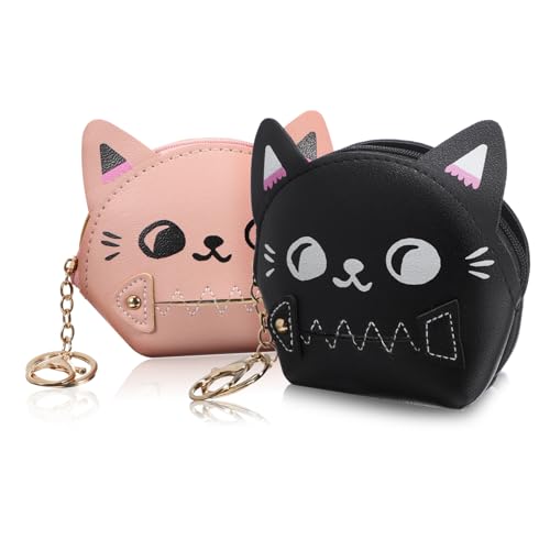 NOLITOY 2 Stück Süße Katzen Münzbeutel Mini Geldbörse Damen Schlüssel Organizer Reise Ohrhörer Etui Kompakt und Sicher in Schwarz und Rosa von NOLITOY