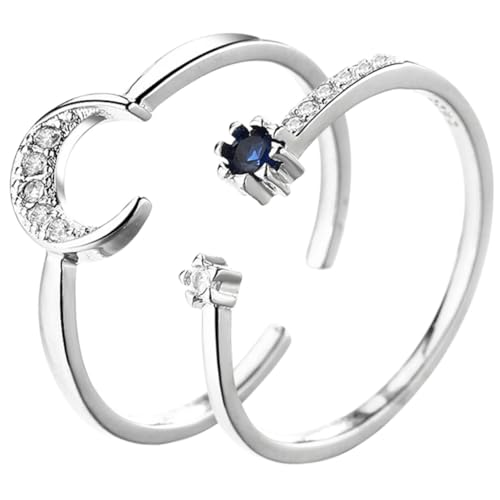NOLITOY 2 Stück Teiliges Damen Ring Verstellbar Offen Modisch Offener Bandring mit Blauem Stein und Mond mit Strass Kreativer Schmuck für Alltag Valentinstag Muttertag von NOLITOY