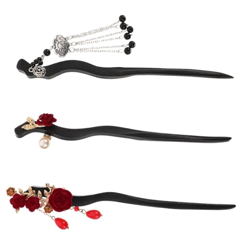 NOLITOY 3 Stück Teiliges Chinesischer Haarnadeln aus Holz mit Handgeschnitztem Rosenmotiv und Langen Quasten Vintage Haarstäbe als Haarklammern und Duttformer für Frauen Brautfrisuren und von NOLITOY