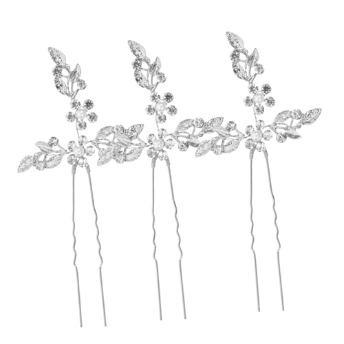 NOLITOY 3 Stück Teiliges Haarschmuck Frauen Strassbesetzte Haarnadeln mit Kristallblättern Stabile Haarstäbchen für Dutt und Dickes Haar Elegantes Haarstyling tool Silberfarben von NOLITOY
