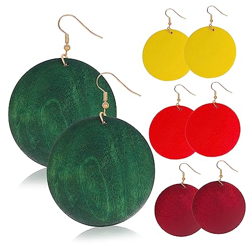 NOLITOY 4 Paar Holzohrringe Damen Boho Ohrhänger Vintage Große Runde Geometrische Dangle Creolen in Gelb Rot Weinrot Leicht Haken von NOLITOY