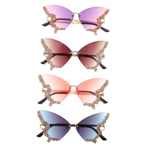 NOLITOY 4 Stück Teiliges Damen Sonnenbrillen Schmetterlingsform Glitzernde Strasssteine Retro Rahmenlos Leicht Uv-schutz Stylische Outdoor Strandbrillen von NOLITOY