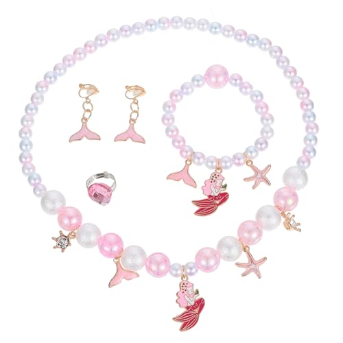 NOLITOY 4 Stück Teiliges Meerjungfrauen Schmuckset für Bunte Perlen Halskette Armband Ring Niedliche Cartoon Accessoires für Mädchen Geburtstagsfeier und Alltag von NOLITOY