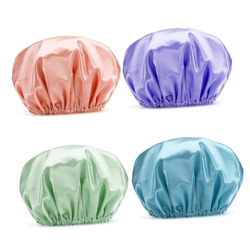 NOLITOY 4 Stück Teiliges Wasserdichte Duschhauben für Frauen Doppellagige Badehauben aus Satin Wiederverwendbar Farbiges Design in Regenbogenpink Himmelblau Rosa und Champagner für von NOLITOY