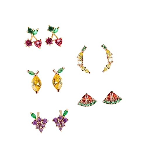 NOLITOY 5 Paare Frucht Themen Ohrringe Silber Kreative und Ohrstecker für Frauen Tropische Designs Zitrone Traube Wassermelone Herz Kirsche von NOLITOY