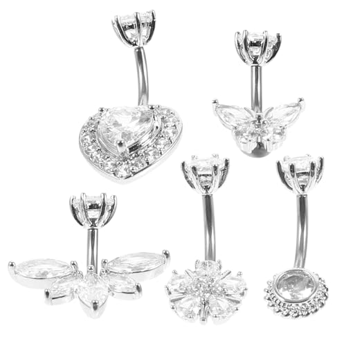 NOLITOY 5 Stück Teiliges Bauchnabelpiercing mit Zirkonia Dangle Belly Rings in Herz Schmetterling Blume Designs Modischer Körperschmuck für Damen und Frauen von NOLITOY