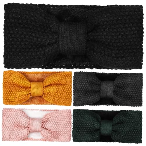 NOLITOY 5 Stück Teiliges Damen Strick stirnband mit Knoten Elastisch Weiches Wollgarn Vielseitig für Pferdeschwanz Kurze und Lockige Haare Rutschfest Modisches Kopfband in Nebelrosa von NOLITOY