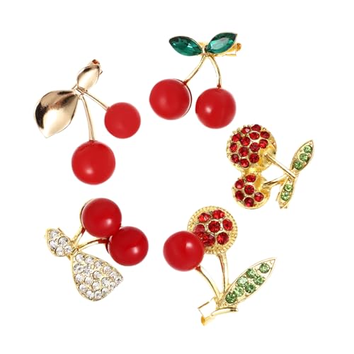 NOLITOY 5 Stück Teiliges Modische Kirschbroschen mit Strasssteinen Elegante Anstecknadeln aus Hochwertiger Legierung für Kleidung Jacken Taschen und Hüte Stilvolles Accessoire für Damen von NOLITOY