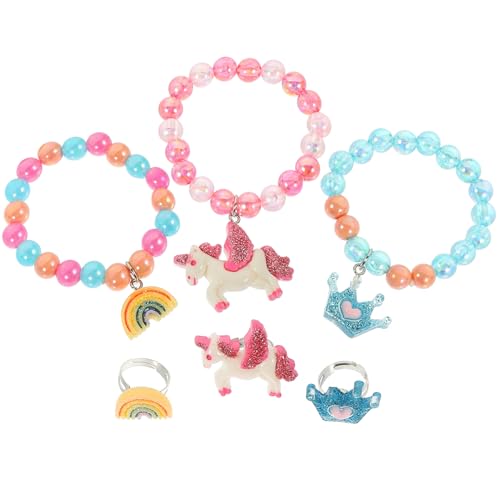 NOLITOY 6 Stück Teiliges Bunte Perlenarmbänder mit Einhorn design für Mädchen Verstellbare DIY armbänder und Ringe als Kinderschmuck und Geschenk für Kleine Mädchen von NOLITOY