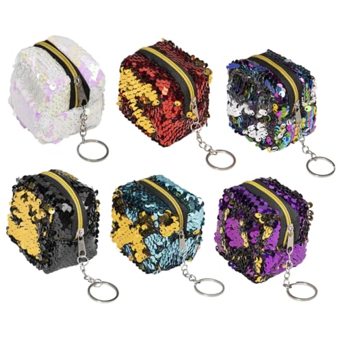 NOLITOY 6 Stück Teiliges Mini Geldbeutel Damen mit Reißverschluss Quadratisch mit Pailletten Kleines Portemonnaie für Münzen und Kleingeld Farbenfrohe Mini Täschchen für Alltag Schule und von NOLITOY