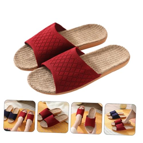 NOLITOY Atmungsaktive Leinenhausschuhe Hausschuhe Für Frauen Weiß Drinnen Sommerhausschuhe Für Damen Hausschuhe Frauen Folien Sommer Männer Leinenschuhe Sohle: Eva Rot von NOLITOY