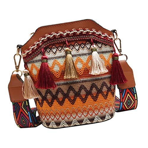 NOLITOY Bohemia Schultertasche Damen Breiter Verstellbarer Gurt Quaste Bucket Bag Crossbody Alltag Freizeit Umhängetasche Braun von NOLITOY