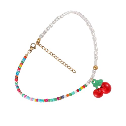 NOLITOY Bohemian Bunte Perlenkette Damen Choker Schlüsselbein Schmuck mit Kirschanhänger Halskette für Strandurlaub und Alltag von NOLITOY