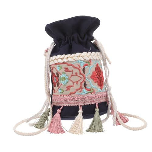 NOLITOY Boho Schultertasche Damen Blumenmuster Canvas Bucket Bag mit Kordelzug Crossbody Bag für Alltag Shopping Party Leichter Umhängebeutel mit Moderatem Stauraum von NOLITOY