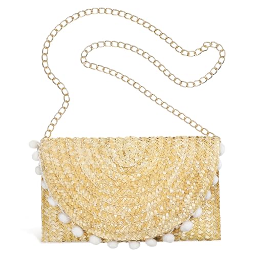 NOLITOY Boho Strohtasche Damen Umhängetasche mit Plüschbällen Magnetischer Verschluss Gewebte Crossbody Strandtasche Stylische Handtasche für Urlaub Shopping Alltag Vielseitig Einsetzbar von NOLITOY