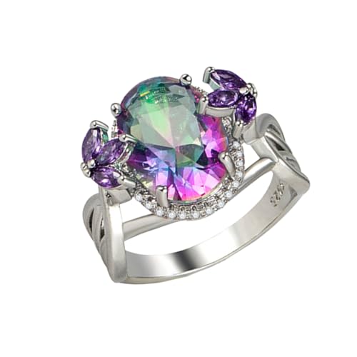 NOLITOY Bunter Zirkonia Fingerring Damen Schmuck Zierlicher Metallring mit Funkelnden Strasssteinen für Party Hochzeit Familienfeier Langlebig und Modisch Weißgoldfarben von NOLITOY