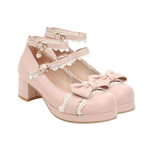 NOLITOY Chunky Heel Lolita Lederschuhe mit Rundzehen und Schleifen Komfortable Damenschuhe im Japanischen Stil Atmungsaktiv Langlebig für Cosplay und Alltag von NOLITOY