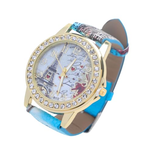 NOLITOY Damen Armbanduhr mit Verstellbarem PU Lederband Analoges Quarzwerk Modisches Herz und Strasssteindesign Bequeme Casual Uhr für Frauen und Mädchen Blau Vielseitig Tragbar von NOLITOY