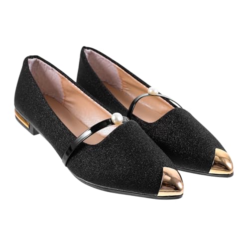 NOLITOY Damen Ballerinas mit zugespitzter Zehenpartie Flache rutschfeste Nude Perlenschuhe mit Perlendetail Leichte Sommerschuhe für Büro Schule und Freizeit Schwarz von NOLITOY