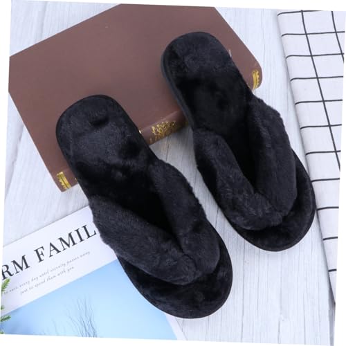 NOLITOY Damen Baumwoll Hausschuhe mit Gepolsterter Sohle Rutschfest Flauschige Plüsch Flip flops für Zuhause Warme Atmungsaktive Pantoffeln in Schwarz Komfortable Winter Slippers von NOLITOY