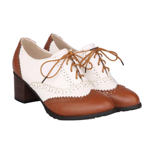 NOLITOY Damen Brogue Schnürschuhe mit Chunky High Heel Komfortable Tiefe Öffnung Langlebiges Obermaterial Stilvolle Braune Pumps für Alltag und Büro von NOLITOY