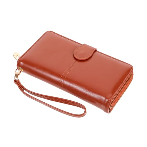 NOLITOY Damen PU Geldbörse mit Reißverschluss und Druckknopf Mittellange Clutch mit Großer Kapazität Stilvoller Kartenhalter und Münzfach Braune Handtasche für Büro und Alltag von NOLITOY