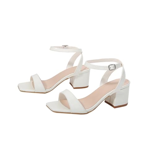 NOLITOY Damen Sandaletten mit Blockabsatz Sommer Schuhe Elastisch Atmungsaktiv Modisch Angenehm Geeignet für Freizeit Jeans Röcke Alltag Weiß Quadratische Spitze Robust von NOLITOY