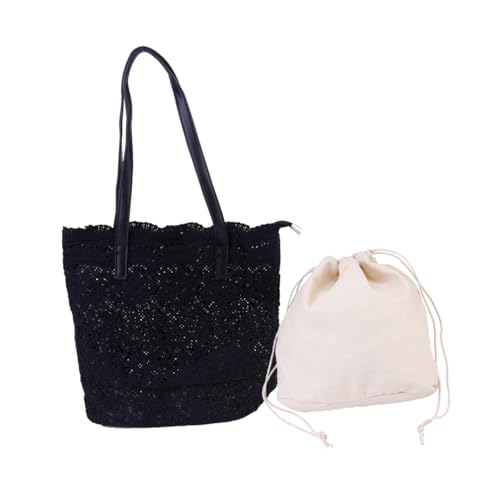NOLITOY Damen Schultertasche mit Zarter Spitze und Stickerei Vielseitige Umhängetasche für Alltag Shopping und Arbeit Geräumige Handtasche mit Magnetverschluss Schwarzes Design für von NOLITOY