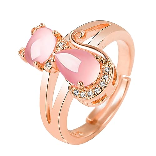 NOLITOY Delikater Offener Katzenring Damenring mit Rosafarbenem und Strassbesetztem Verstellbar Eleganter Modischer Schmuck für Alltag und von NOLITOY