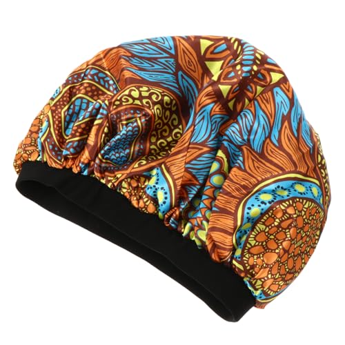 NOLITOY Doppellagige Satin Schlafmütze mit Afrikanischem Muster Elastisches Band für Festen Sitz Leichte Haube für Frauen Multifunktional als Nacht Duschhaube Tragbar für Zuhause und von NOLITOY