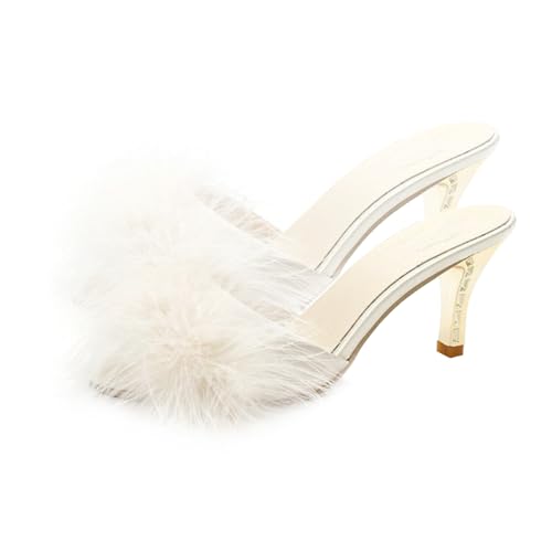 NOLITOY Feine Damen High Heel Slippers Weiße Beige Farbe Leichte Elegante Sommerpantoletten mit Spitz Zulaufender Zehe Bequemer Absatz Modisch und Feminin für Alltag und Besondere Anlässe von NOLITOY