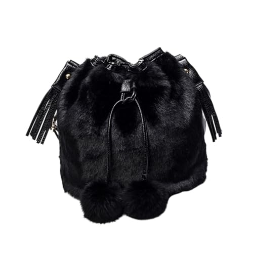 NOLITOY Fluffy Bucket Bag Damen Umhängetasche Flauschige Schultertasche mit Kordelzug Handtasche für Alltag Freizeit Party Schwarz von NOLITOY
