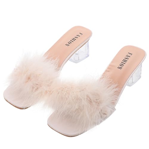 NOLITOY Fluffy Heels Damen Hausschuhe Sommer Sandalen Leichtgewichtige Rutschfeste Stilvolle Pelzpantoffeln für Alltag Party Arbeit Modisch Beige von NOLITOY