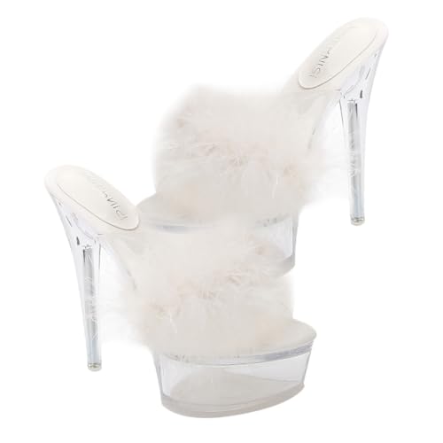 NOLITOY Fluffy High Heel Sandalen Damen Dünne Absatz Sandalen Weiche Komfortable Hausschuhe Stilvolle Transparente Plateau Sandaletten Pumps für Alltag und Party Weiß von NOLITOY