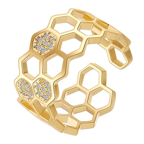 NOLITOY Gold Damen Ring Offener Bandring mit Zirkonia Inlay Eleganter Chic Finger Schmuck Verstellbarer Partyring für Frauen Modisches Accessoire Geschenk von NOLITOY
