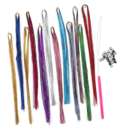 NOLITOY Hair Tinsel Farben Bunte Haarsträhnen mit Silikonbändern und Häkelnadel Glitzernde Extensions für Frauen Cosplay Party Styling von NOLITOY