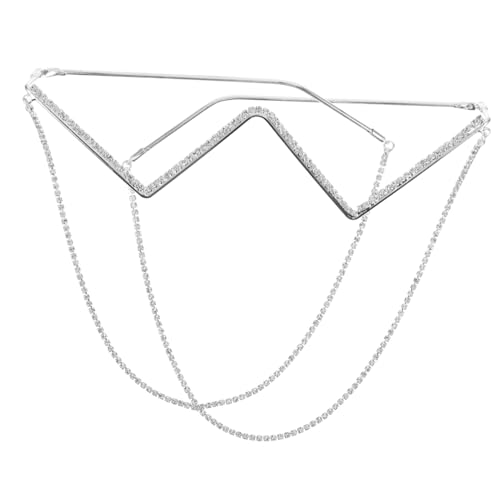 NOLITOY Halbrunder Damen Brillenrahmen mit Funkelnden Strasssteinen Modische Halbe Fassung Frei von Gläsern Inklusive Abnehmbarer Silberner Kette Punkiger Metall Look für Alltag und Party von NOLITOY