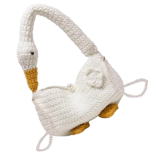 NOLITOY Handgefertigte gehäkelte Umhängetasche mit Perlenkette Modische Gehäkelte Damen Crossbody Bag Praktische Schultertasche für Alltag Reisen und Arbeit Weiß von NOLITOY