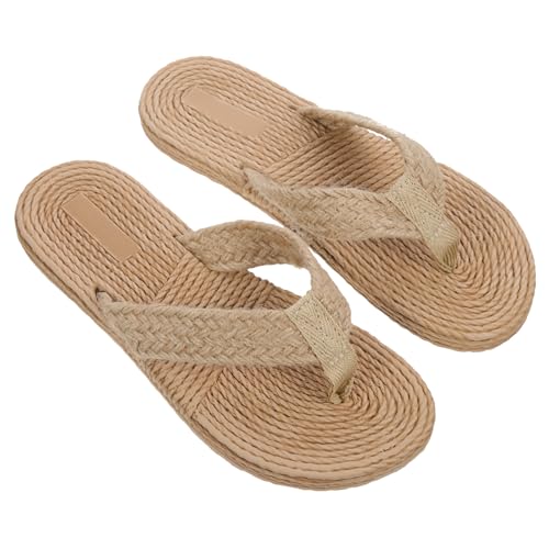 NOLITOY Imitation Straw Slippers Damen Flache Sandalen Strand Schuhe Komfortable Elastische Sohle Freizeit Urlaub Sommer Pantoletten Beige von NOLITOY