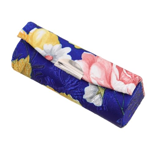 NOLITOY Lippenstifthalter aus Seide mit Spiegel Kompakt Tragbar Blumenmuster Kleiner Kosmetiktasche für Damen Vintage Lippenstiftetui in Blau von NOLITOY